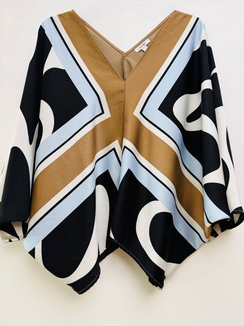 Nine West Geometric V-Neck Poncho Top in Black, Tan, White & Light Blue